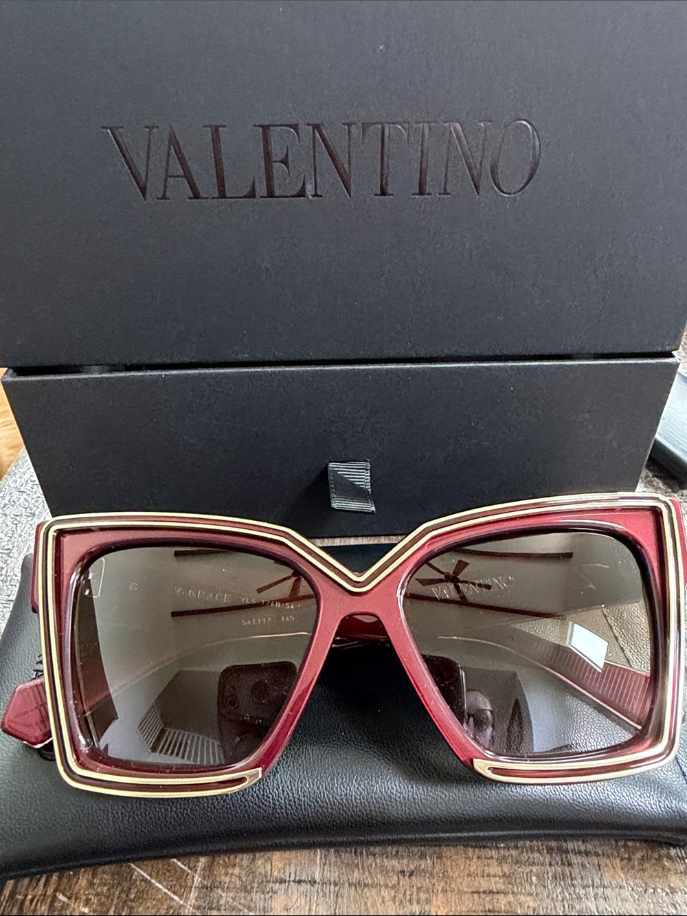 Valentino V-Grace Burgundy and Gold Oversized Square Sunglasses